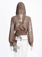 Sheer Hooded Chiffon Blouses For Women - Brown Sexy V Neck Lantern Sleeve Wrap Tops - Summer Rave Party 2026