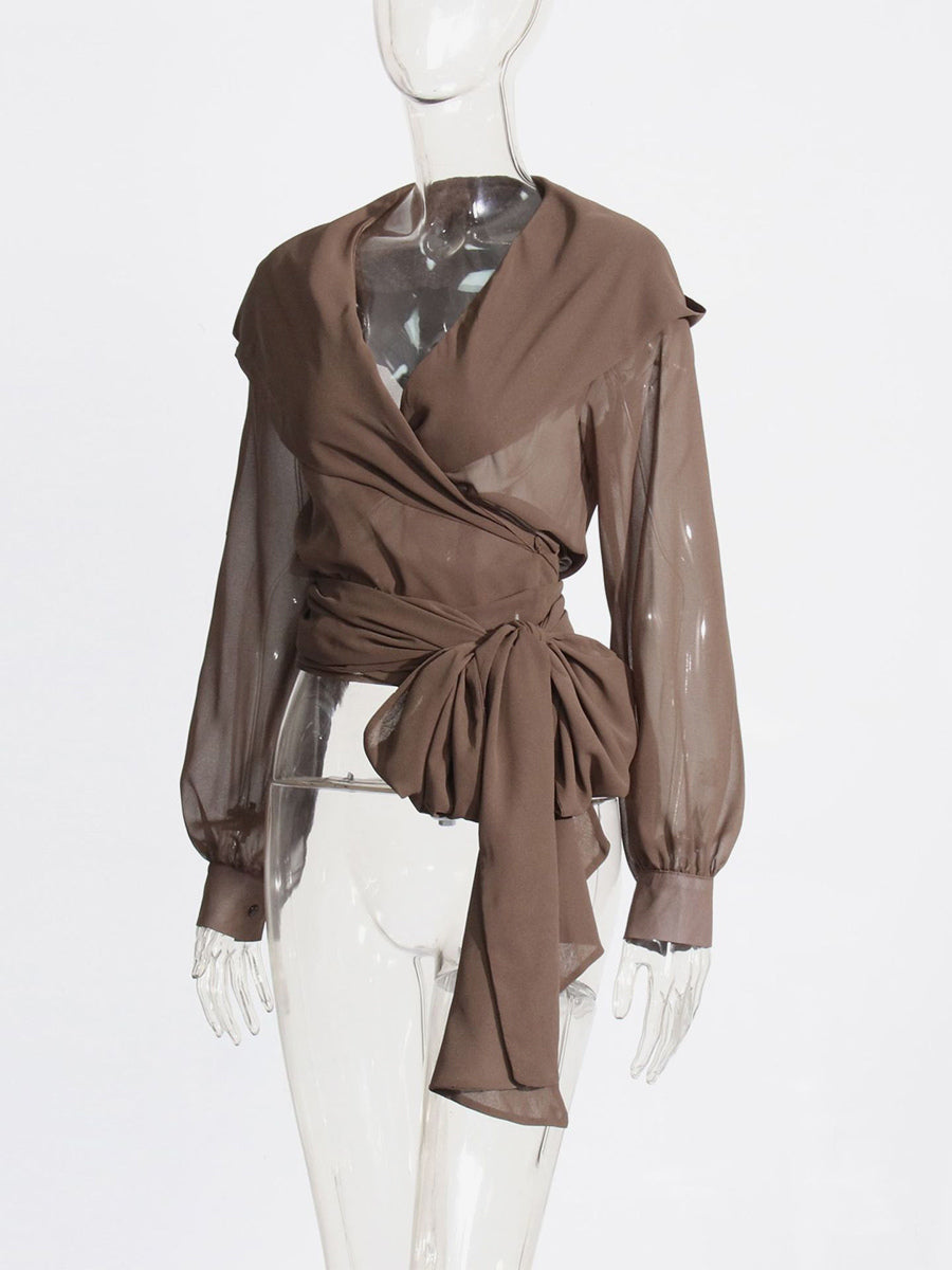 Sheer Hooded Chiffon Blouses For Women - Brown Sexy V Neck Lantern Sleeve Wrap Tops - Summer Rave Party 2026