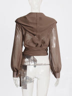 Sheer Hooded Chiffon Blouses For Women - Brown Sexy V Neck Lantern Sleeve Wrap Tops - Summer Rave Party 2026