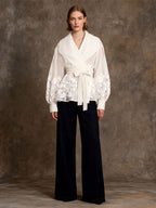 Embroidered Organza Blouses Puff Sleeve Tops For Women - Apricot Boho Tie Waist Sheer Wrap Shirt - Summer Garden Party 2026