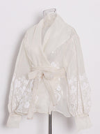 Embroidered Organza Blouses Puff Sleeve Tops For Women - Apricot Boho Tie Waist Sheer Wrap Shirt - Summer Garden Party 2026