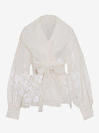Embroidered Organza Blouses Puff Sleeve Tops For Women - Apricot Boho Tie Waist Sheer Wrap Shirt - Summer Garden Party 2026