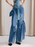 Bow Knot Wide Leg Jeans For Women - Medium Blue Y2K Aesthetic High Waist Baggy Denim Trousers - Spring Streetwear 2026