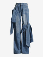 Bow Knot Wide Leg Jeans For Women - Medium Blue Y2K Aesthetic High Waist Baggy Denim Trousers - Spring Streetwear 2026