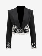 Beaded Tassel Blazer Jacket For Women - Fringe Cropped Shawl Lapel Black Party Coat - Spring Evening 2026
