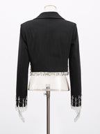 Beaded Tassel Blazer Jacket For Women - Fringe Cropped Shawl Lapel Black Party Coat - Spring Evening 2026