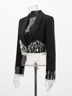 Beaded Tassel Blazer Jacket For Women - Fringe Cropped Shawl Lapel Black Party Coat - Spring Evening 2026