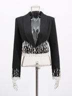 Beaded Tassel Blazer Jacket For Women - Fringe Cropped Shawl Lapel Black Party Coat - Spring Evening 2026