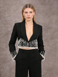 Beaded Tassel Blazer Jacket For Women - Fringe Cropped Shawl Lapel Black Party Coat - Spring Evening 2026