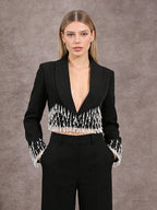 Beaded Tassel Blazer Jacket For Women - Fringe Cropped Shawl Lapel Black Party Coat - Spring Evening 2026