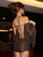 Backless Sheer Mini Dress For Women - Sexy V Neck Tie Front Long Sleeves Ruched Bodycon - Summer Night Out Club Party 2026