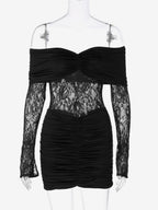 Lace Patchwork Bodycon Dress For Women - Off Shoulder Long Sleeve Ruched Sexy Mini Gown - Spring Night Out Clubwear 2026