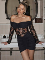 Lace Patchwork Bodycon Dress For Women - Off Shoulder Long Sleeve Ruched Sexy Mini Gown - Spring Night Out Clubwear 2026