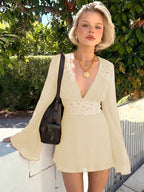 Lace Patchwork Mini Dress For Women - Deep V Neck Flare Sleeve Empire Waist Short Sundress - Spring Beach Date Night 2026