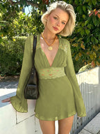 Lace Patchwork Mini Dress For Women - Deep V Neck Flare Sleeve Empire Waist Short Sundress - Spring Beach Date Night 2026