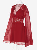 Lace Patchwork Mini Dress For Women - Deep V Neck Flare Sleeve Empire Waist Short Sundress - Spring Beach Date Night 2026