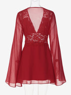 Lace Patchwork Mini Dress For Women - Deep V Neck Flare Sleeve Empire Waist Short Sundress - Spring Beach Date Night 2026