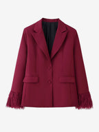 Feather Cuff 2 Piece Suit Set For Women - Red Elegant Blazer And Straight Leg Pants Co-ord- Spring Business Party Outfit 2026
