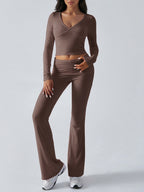 Long Sleeve Two Piece Outfits For Women - V Neck Slim Fit Crop Top And Flared Pants Yoga Set - Spring Gym Lounge 2026