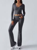 Long Sleeve Two Piece Outfits For Women - V Neck Slim Fit Crop Top And Flared Pants Yoga Set - Spring Gym Lounge 2026