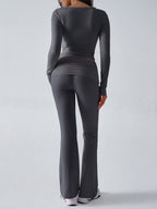 Long Sleeve Two Piece Outfits For Women - V Neck Slim Fit Crop Top And Flared Pants Yoga Set - Spring Gym Lounge 2026