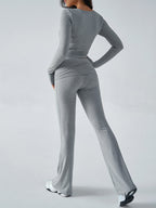 Long Sleeve Two Piece Outfits For Women - V Neck Slim Fit Crop Top And Flared Pants Yoga Set - Spring Gym Lounge 2026