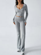 Long Sleeve Two Piece Outfits For Women - V Neck Slim Fit Crop Top And Flared Pants Yoga Set - Spring Gym Lounge 2026