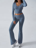 Long Sleeve Two Piece Outfits For Women - V Neck Slim Fit Crop Top And Flared Pants Yoga Set - Spring Gym Lounge 2026