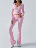 Long Sleeve Two Piece Outfits For Women - V Neck Slim Fit Crop Top And Flared Pants Yoga Set - Spring Gym Lounge 2026