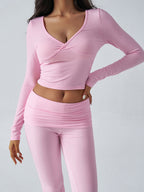 Long Sleeve Two Piece Outfits For Women - V Neck Slim Fit Crop Top And Flared Pants Yoga Set - Spring Gym Lounge 2026