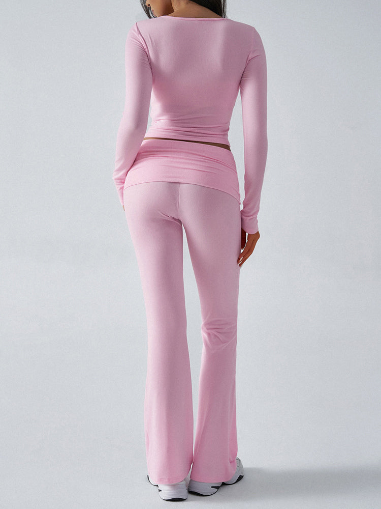 Long Sleeve Two Piece Outfits For Women - V Neck Slim Fit Crop Top And Flared Pants Yoga Set - Spring Gym Lounge 2026