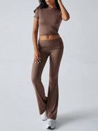 Yoga Sets Two Piece Outfits For Women - Slim Fit Short Sleeve Crop Top And Flared Pants - Summer Activewear Lounge 2026
