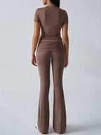 Yoga Sets Two Piece Outfits For Women - Slim Fit Short Sleeve Crop Top And Flared Pants - Summer Activewear Lounge 2026
