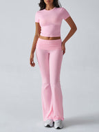 Yoga Sets Two Piece Outfits For Women - Slim Fit Short Sleeve Crop Top And Flared Pants - Summer Activewear Lounge 2026