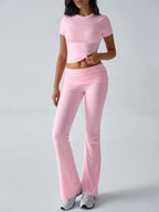 Yoga Sets Two Piece Outfits For Women - Slim Fit Short Sleeve Crop Top And Flared Pants - Summer Activewear Lounge 2026