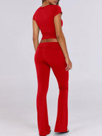 Yoga Sets Two Piece Outfits For Women - Slim Fit Short Sleeve Crop Top And Flared Pants - Summer Activewear Lounge 2026