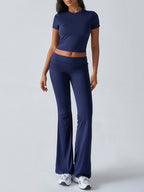 Yoga Sets Two Piece Outfits For Women - Slim Fit Short Sleeve Crop Top And Flared Pants - Summer Activewear Lounge 2026
