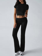 Yoga Sets Two Piece Outfits For Women - Slim Fit Short Sleeve Crop Top And Flared Pants - Summer Activewear Lounge 2026