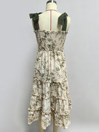 Floral Smocked Midi Dress For Women - Sage Green Boho Tie Shoulder Tiered Ruffle A-Line Sun Dress - Summer Beach Vacation 2026
