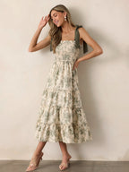 Floral Smocked Midi Dress For Women - Sage Green Boho Tie Shoulder Tiered Ruffle A-Line Sun Dress - Summer Beach Vacation 2026