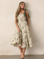 Floral Smocked Midi Dress For Women - Sage Green Boho Tie Shoulder Tiered Ruffle A-Line Sun Dress - Summer Beach Vacation 2026