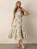 Floral Smocked Midi Dress For Women - Sage Green Boho Tie Shoulder Tiered Ruffle A-Line Sun Dress - Summer Beach Vacation 2026