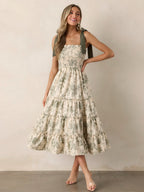 Floral Smocked Midi Dress For Women - Sage Green Boho Tie Shoulder Tiered Ruffle A-Line Sun Dress - Summer Beach Vacation 2026