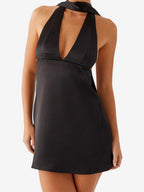 Satin Halter Mini Dress For Women - Backless Deep V Neck Short Gown With Scarf - Summer Cocktail Club 2026