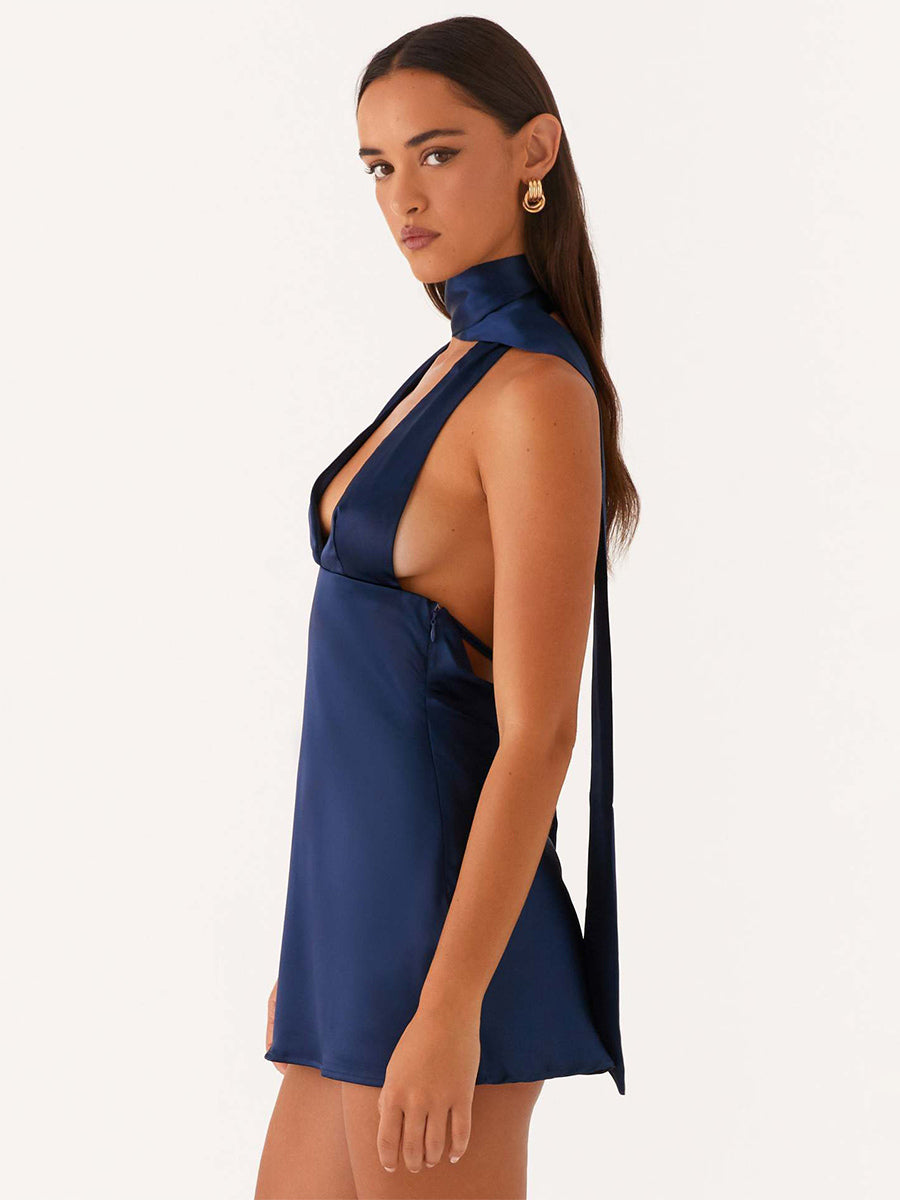 Satin Halter Mini Dress For Women - Backless Deep V Neck Short Gown With Scarf - Summer Cocktail Club 2026