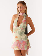 Satin Halter Mini Dress For Women - Backless Deep V Neck Short Gown With Scarf - Summer Cocktail Club 2026