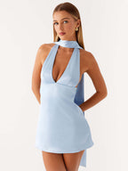 Satin Halter Mini Dress For Women - Backless Deep V Neck Short Gown With Scarf - Summer Cocktail Club 2026