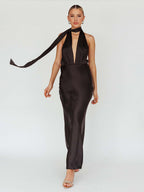 Satin Halter Maxi Dress For Women - Elegant Backless Deep V Neck Mermaid Gown With Scarf - Summer Wedding Guest 2026