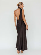 Satin Halter Maxi Dress For Women - Elegant Backless Deep V Neck Mermaid Gown With Scarf - Summer Wedding Guest 2026