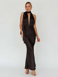 Satin Halter Maxi Dress For Women - Elegant Backless Deep V Neck Mermaid Gown With Scarf - Summer Wedding Guest 2026